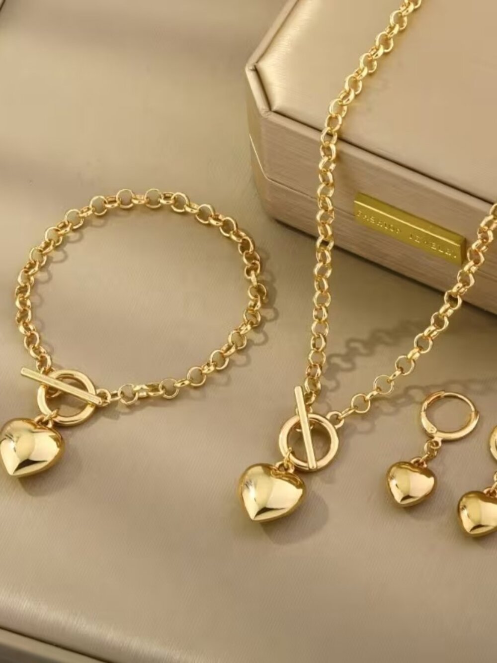3pc Gold Heart Charm Necklace Bracelet & Earrings Jewelry Set - Picture 2 of 8